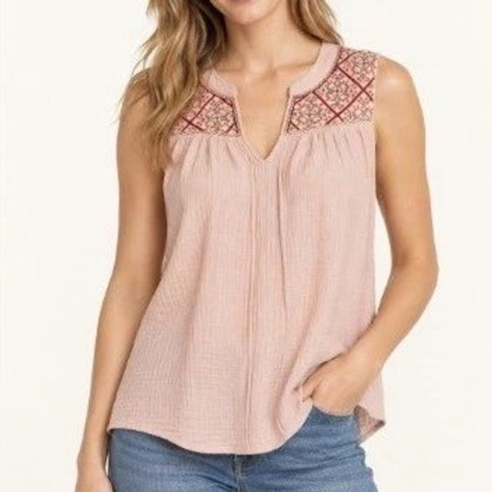 Knox Rose Women's M Boho Embroidered Tank Top Light Coral Cotton Blouse